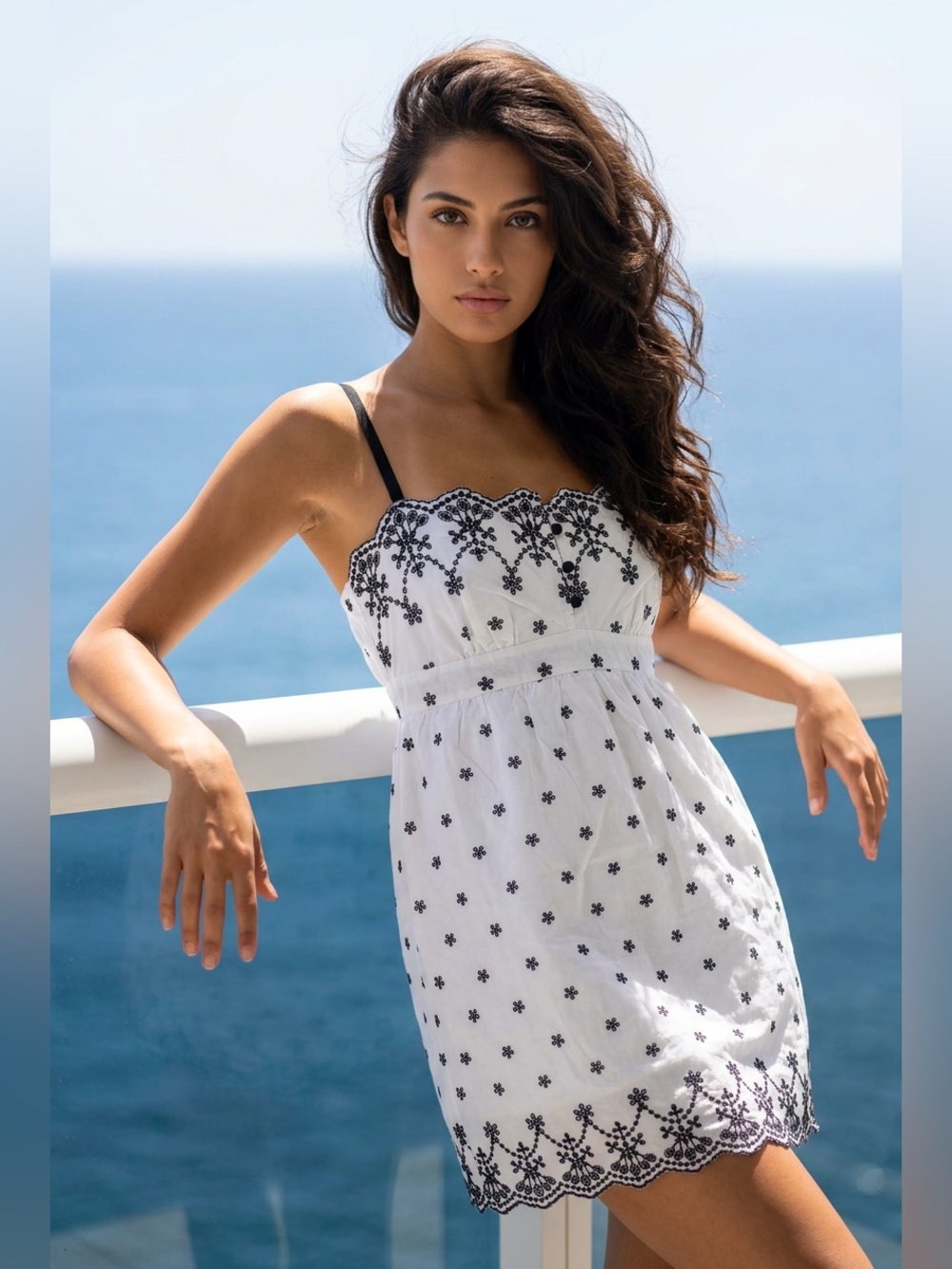 White Eyelet Embroidered Sundress with Black Detailing